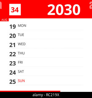 Kalender Planer für Woche 34 im Jahr 2030, endet am 25. August 2030. Stockfoto
