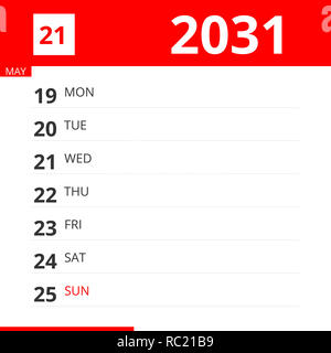 Kalender Planer für Woche 21 im Jahr 2031, endet zum 25. Mai 2031. Stockfoto