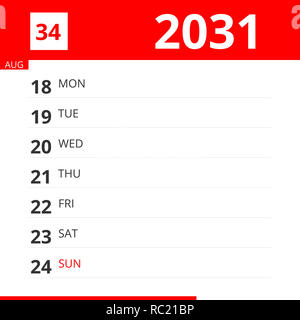 Kalender Planer für Woche 34 im Jahr 2031, endet am 24. August 2031. Stockfoto