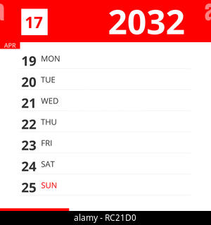 Kalender Planer für Woche 17 in 2032, endet am 25. April 2032. Stockfoto