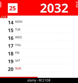 Kalender Planer für Woche 25 in 2032, endet am 20. Juni 2032. Stockfoto