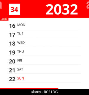 Kalender Planer für Woche 34 in 2032, 22. August 2032. Stockfoto