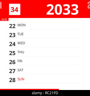 Kalender Planer für Woche 34 in 2033, endet am 28. August 2033. Stockfoto