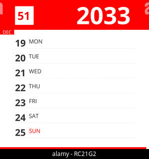 Kalender Planer für Woche 51 in 2033, endet am 25. Dezember 2033. Stockfoto
