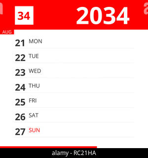 Kalender Planer für Woche 34 im Jahr 2034, endet zum 27. August 2034. Stockfoto