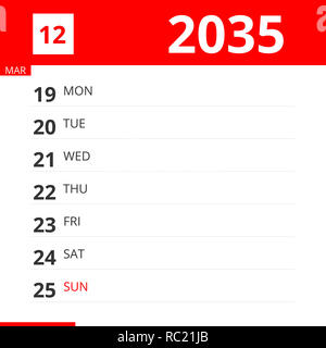 Kalender Planer für Woche 12 im Jahr 2035, endet am 25. März 2035. Stockfoto