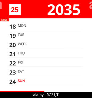 Kalender Planer für Woche 25 im Jahr 2035, endet am 24. Juni 2035. Stockfoto