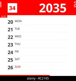 Kalender Planer für Woche 34 im Jahr 2035, endet am 26. August, 2035. Stockfoto