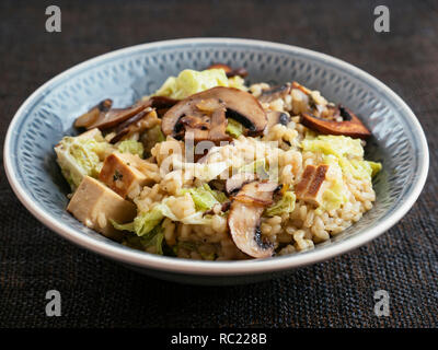 Schüssel mit einem hausgemachten Pilz Wirsing Risotto mit Tofu. Stockfoto