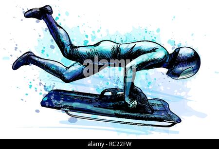 Skelett von Splash von Aquarellen. Hand gezeichnete Skizze. Winter Sport Abstieg auf einem Schlitten Stock Vektor