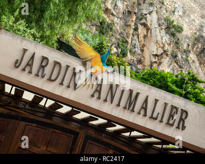 MONTE CARLO, MONACO: 27. MAI 2018: Schild für den Zoo von Monte Carlo (Jardin Animalier de Monaco) Stockfoto