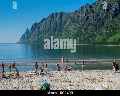 Strand Ersfjord Ersfjordstranden, Fjord, öffentlichen Erholungsgebiet, Sommer, Leute Schwimmen gehen, Blick auf die Bergkette Okshornan, Insel Senja, Troms, n Stockfoto