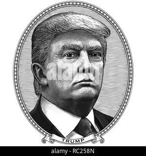 Vector Portrait von Donald Trump. Tinte, Gravieren, Ätzen. Präsident der USA. Ovaler Rahmen. Vintage Design für Drucke, Aufkleber und gefälschte Banknoten Comic Stock Vektor