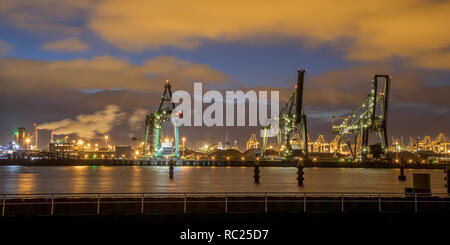 Industrial Harbour Quay mit Ladekränen in der Nacht im Hafen von Rotterdam Europoort Maasvlakte Niederlande Stockfoto