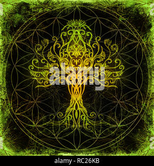 Baum des Lebens Symbol auf strukturierte Zierpflanzen Hintergrund, yggdrasil. Stockfoto