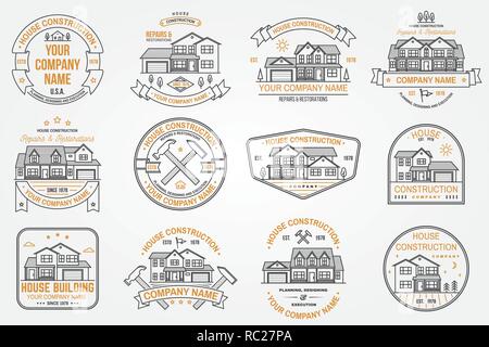 Satz von Haus Bau Unternehmen Identität mit Suburbanen amerikanischen Haus. Vector Illustration. Dünne Linie Symbol, Badge, Zeichen für Immobilien-, Gebäude- und Bauunternehmen. Stock Vektor