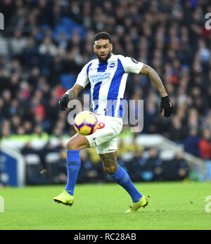 Jurgen Locadia von Brighton während der Premier League Match zwischen Brighton & Hove Albion und Liverpool an der American Express Community Stadion. 12 Januar 2019 nur für den redaktionellen Gebrauch bestimmt. Kein Merchandising. Für Fußball Bilder FA und Premier League Einschränkungen Inc. kein Internet/Mobile Nutzung ohne fapl Lizenz - für Details Kontakt Fußball Dataco Stockfoto