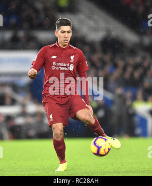 Roberto Firmino von Liverpool in der Premier League Match zwischen Brighton & Hove Albion und Liverpool an der American Express Community Stadion. 12 Januar 2019 nur für den redaktionellen Gebrauch bestimmt. Kein Merchandising. Für Fußball Bilder FA und Premier League Einschränkungen Inc. kein Internet/Mobile Nutzung ohne fapl Lizenz - für Details Kontakt Fußball Dataco Stockfoto