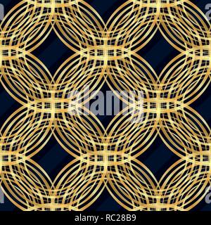 Gold Circle nahtlose Muster. Golden Circle auf blau und schwarz Diagonale Linien Hintergrund. Stock Vektor