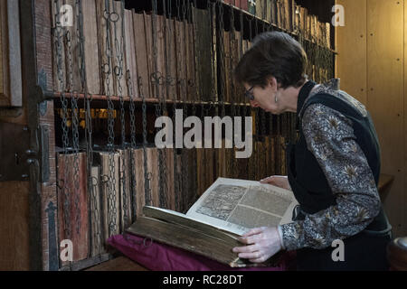 Dr. Rosemary Firman inspiziert, Foxe's Buch der Märtyrer während der jährliche Reinigung der Hereford verkettete Bibliothek bei Hereford Cathedral, Herefordshire. Die Verkettung der Bücher war die am weitesten verbreitete und effektive Sicherheit System in den europäischen Bibliotheken vom Mittelalter bis in das 18. Jahrhundert, und Hereford Cathedral aus dem 17. Jahrhundert verkettete Bibliothek ist die größte mit all seinen Ketten, Stangen, um zu überleben und Schlösser intakt. Stockfoto