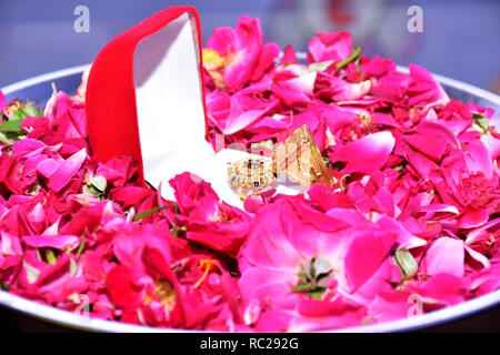 Zwei Ringe mit Diamanten nebeneinander mit Rosenblättern Stockfoto