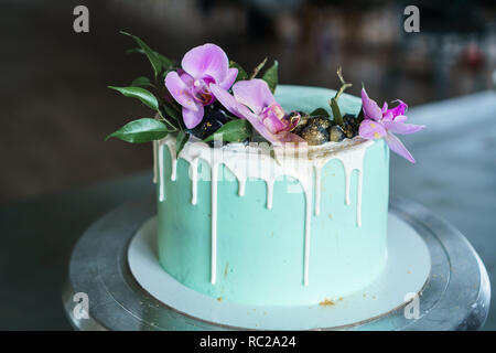 Hochzeit, festliche, Geburtstag keks Kuchen dekoriert mit Pink Orchid und blueberry Stockfoto