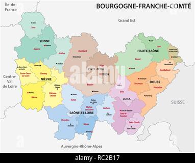 Administrative Karte der neuen französischen Region Bourgogne-Franche-Comte Stock Vektor