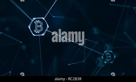 Bitcoin und Block Kette cryptocurrency Konzept mit bitcoin Währung Zeichen auf Anschlussstrecken. Digitale Verschlüsselung Netzwerk für Welt Geld. Stockfoto