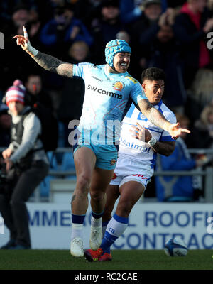 Exeter Chiefs Jack Nowell feiert riefen ihren ersten Versuchen Sie, während der heineken Champions Cup Match am sandigen Park, Exeter. Stockfoto