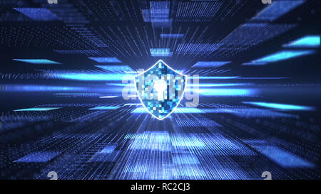 Cyber Security Konzept. Schild mit schlüsselloch Symbol auf abstrakte block Kette Big Data digital Center, Server und Übertragung der Daten kommunikation backgroun Stockfoto