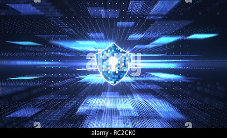 Cyber Security Konzept. Schild mit schlüsselloch Symbol auf abstrakte block Kette Big Data digital Center, Server und Übertragung der Daten kommunikation backgroun Stockfoto