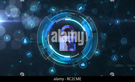 Internet Technologie Netzwerk- und Cyber Security Konzept. mit Schlosssymbol auf sicheren Daten Netzwerk Technologie, Cyber Attack-Schutz für weltweite con Stockfoto