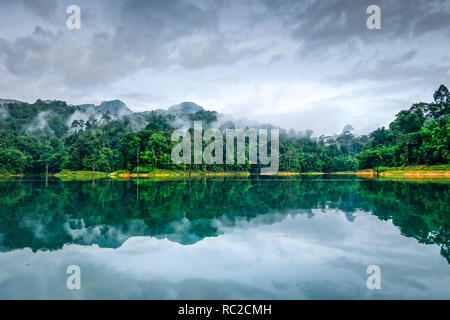 Misty Morning auf Cheow Lan Lake in Khao Sok Nationalpark, Thailand Stockfoto