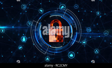 Internet Technologie Netzwerk- und Cyber Security Konzept. mit Schlosssymbol auf sicheren Daten Netzwerk Technologie, Cyber Attack-Schutz für weltweite con Stockfoto