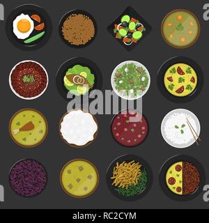 Essen Icon Set. Gerichte Symbole, Ansicht von oben. Vector Illustration Stock Vektor