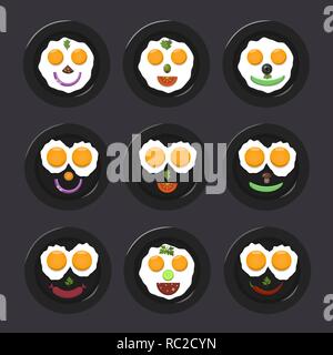 Spiegelei Symbol emoji eingestellt. Essen Lächeln, Ansicht von oben. Vector Illustration Stock Vektor
