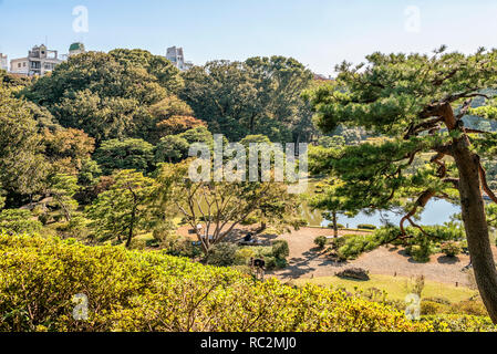 Blick vom Fiujishiro-toge Hügel über den Daisensui Teich und die Rikugien Gärten, Tokyo, Japan Stockfoto