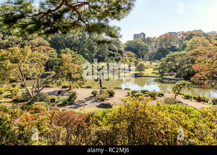 Blick vom Fiujishiro-toge Hügel über den Daisensui Teich und die Rikugien Gärten, Tokyo, Japan Stockfoto