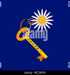 Vektor flachbild Abbildung. Schlüssel mit einer Inschrift, Traum, einen Ring und einen Schlüsselbund Daisy. Trendy Symbol für Bauunternehmen, Immobilien Vermietung, in Stock Vektor