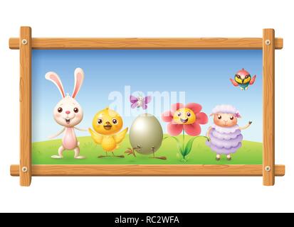 Frühling Foto mit glücklichen Zeichen - Hase, Huhn, Blume, Schafe Bienenfresser Vogel und Schmetterling Ostern Rund um das Ei feiern - Landschaft Hintergrund Stock Vektor