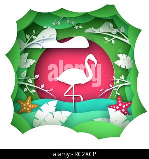 Cartoon Papier Landschaft. flamingo Zeichen. Stock Vektor
