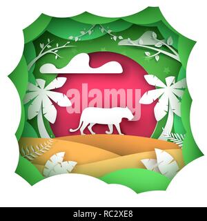 Cartoon Papier Landschaft. Tiger Abbildung. Stock Vektor