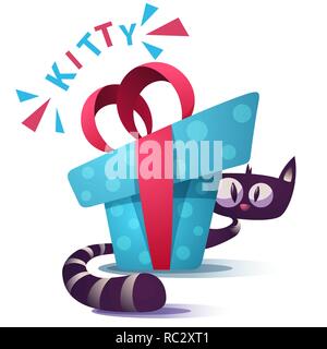 Cute Kitty Zeichen mit blauen Geschenk Stock Vektor