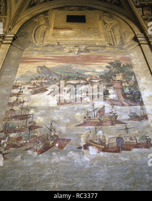 Geschichte von Spanien. 16. Jahrhundert. Kampagne in Nordafrika und im Mittelmeer gegen die Türken und ihre Verbündeten. Unter der Leitung von Alvaro de Bazan (1526-1588), erste Marquis von Santa Cruz. Fresko aus dem Palast von Santa Cruz. El Viso del Marques. Die Region Kastilien-La Mancha. Spanien. Stockfoto