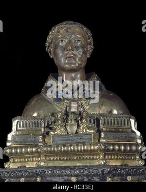 BUSTO RELICARIO DE SAN LORENZO - PLATA DORADA CON ESMALTES Y PIEDRAS PRECIOSAS - inkl. 3 DEL ANTIPAPA LUNA Benedicto XIII - SIGLO XIV. Lage: LA SEO. SARAGOSSA. Saragossa Zaragoza. Spanien. Stockfoto