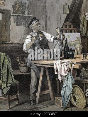 Handwerker in seiner Werkstatt. Farbige Gravur von 1852. Stockfoto