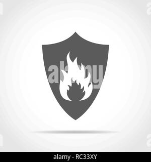 Schild mit Feuer in flacher Ausführung. Vector Illustration. Schild mit Flamme, auf hellen Hintergrund isoliert. Stock Vektor