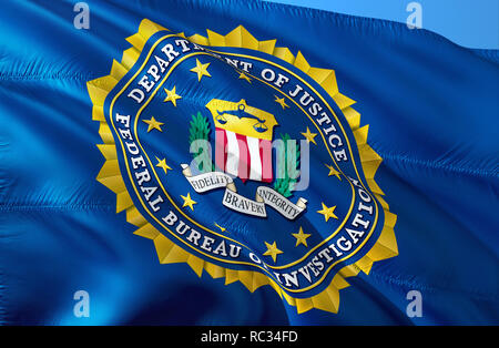 FBI Flagge im Wind, 3D-Rendering. FBI in den Vereinigten Staaten. United States Secret Service. Fbi. Security Service und Kuppel Stockfoto