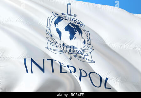 Interpol Flagge im Wind, 3D-Rendering. Interpol Europa. Europa Geheimdienst. Central Intelligence Agency. Security Service und internationa Stockfoto