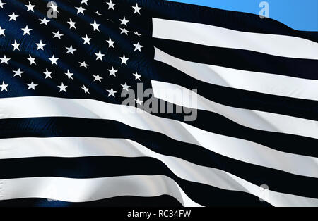Memorial USA-Flagge. Eine schwarze und weiße USA-Flagge Design. Schwarze und weiße United Flaggenstaaten. Schwarze und weiße amerikanische Flagge, Militär, nascar, Armee, Anti Stockfoto